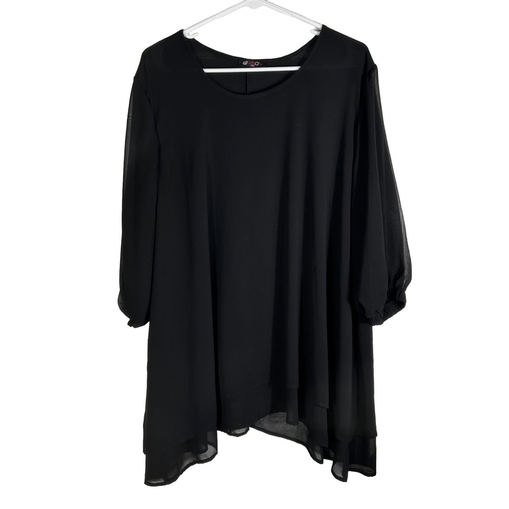 Vision USA Womens 2XL Black Layered Sharkbite Hem Tunic Blouse 3/4 Sleeve 14036